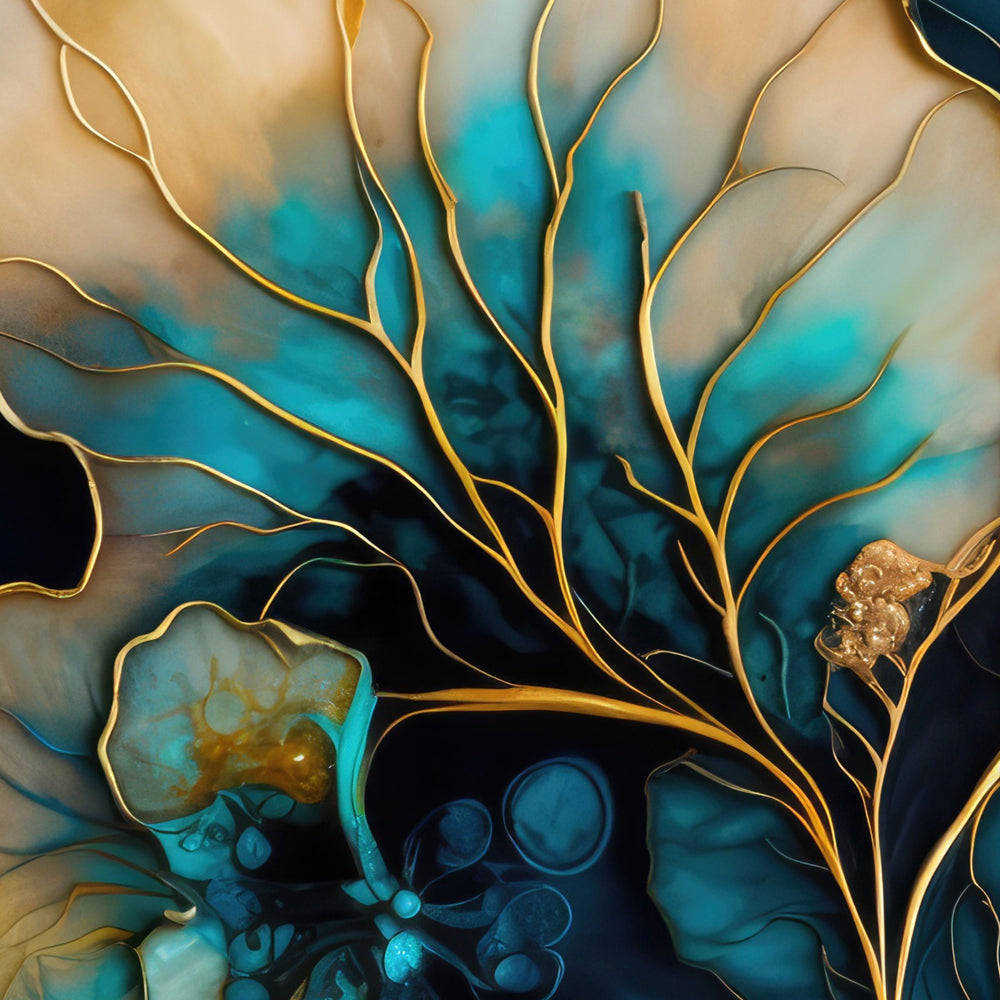 Composição de Quadros Botânico Azul e Dourado Marmorizado