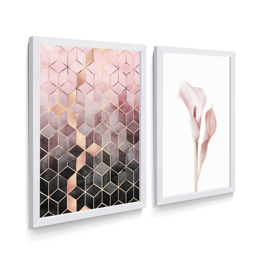 Composição de Quadros Abstrato Geométrico & Floral Rosa