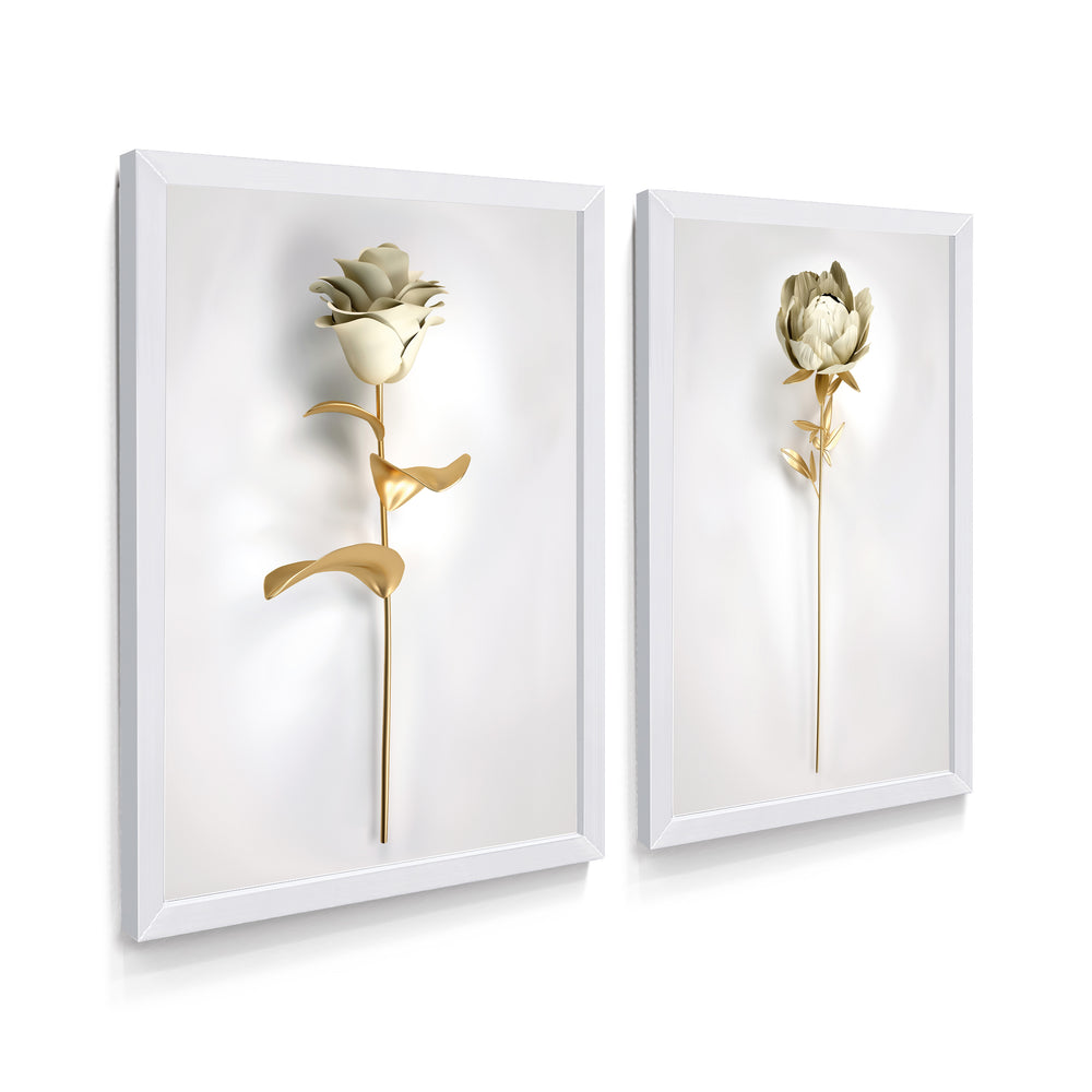 Composição de Quadros Floral Dourado 3D