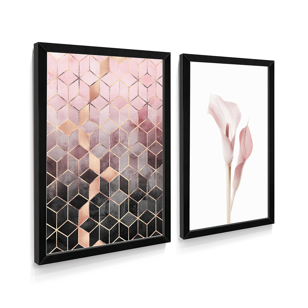 Composição de Quadros Abstrato Geométrico & Floral Rosa
