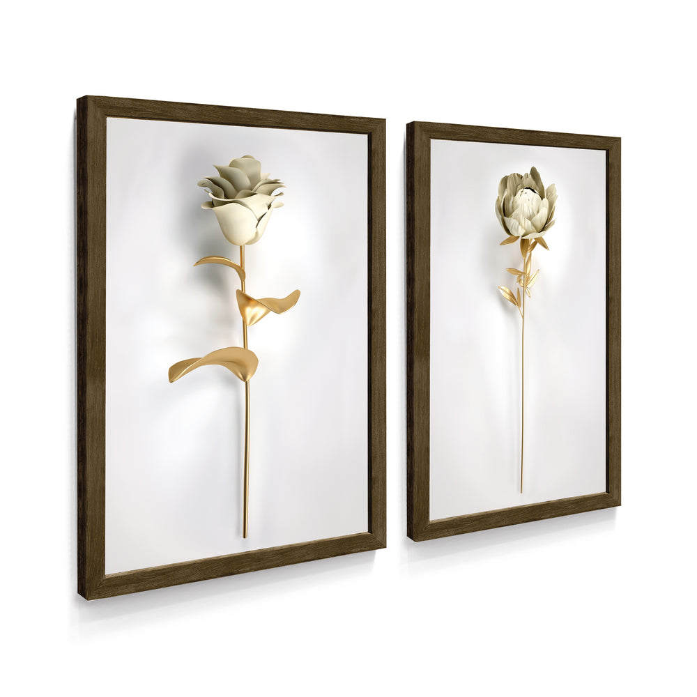 Composição de Quadros Floral Dourado 3D