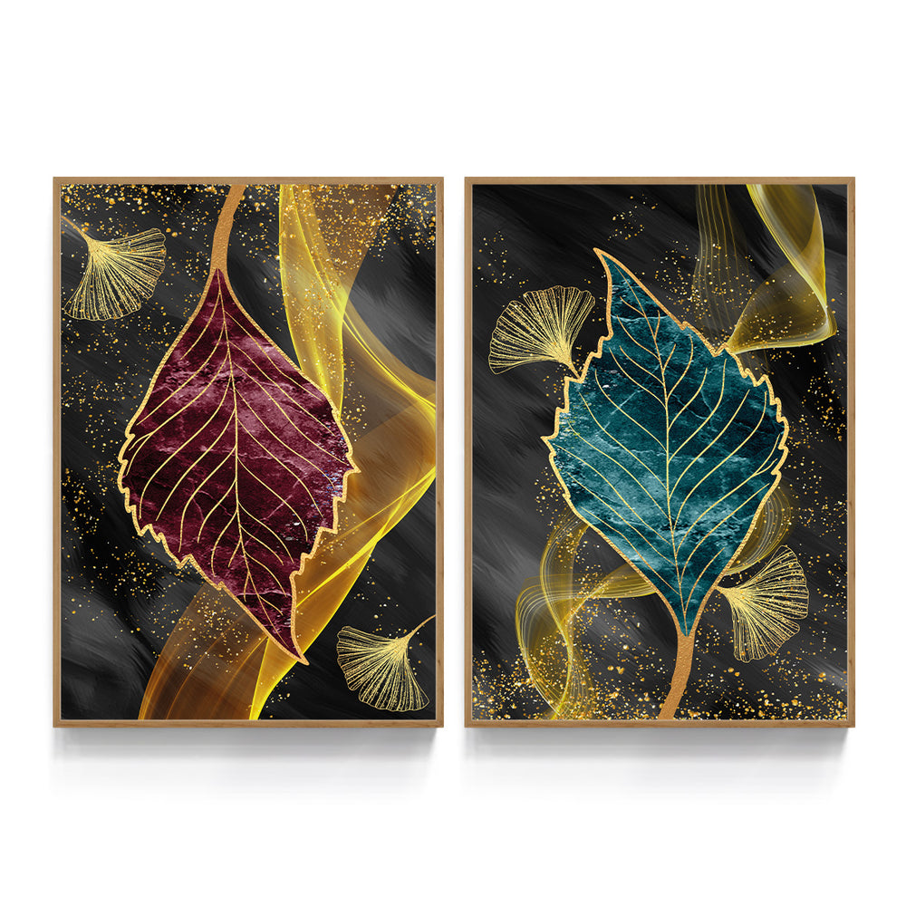 Composição de Quadros folhas Vermelho & Azul Gold Duo