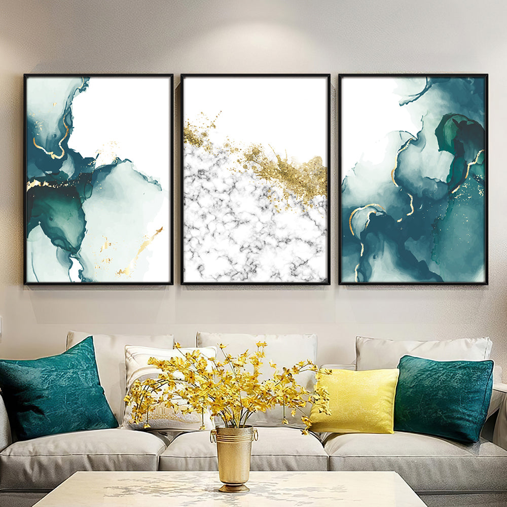 Composição de quadros Abstrato Verde & Dourado Trio