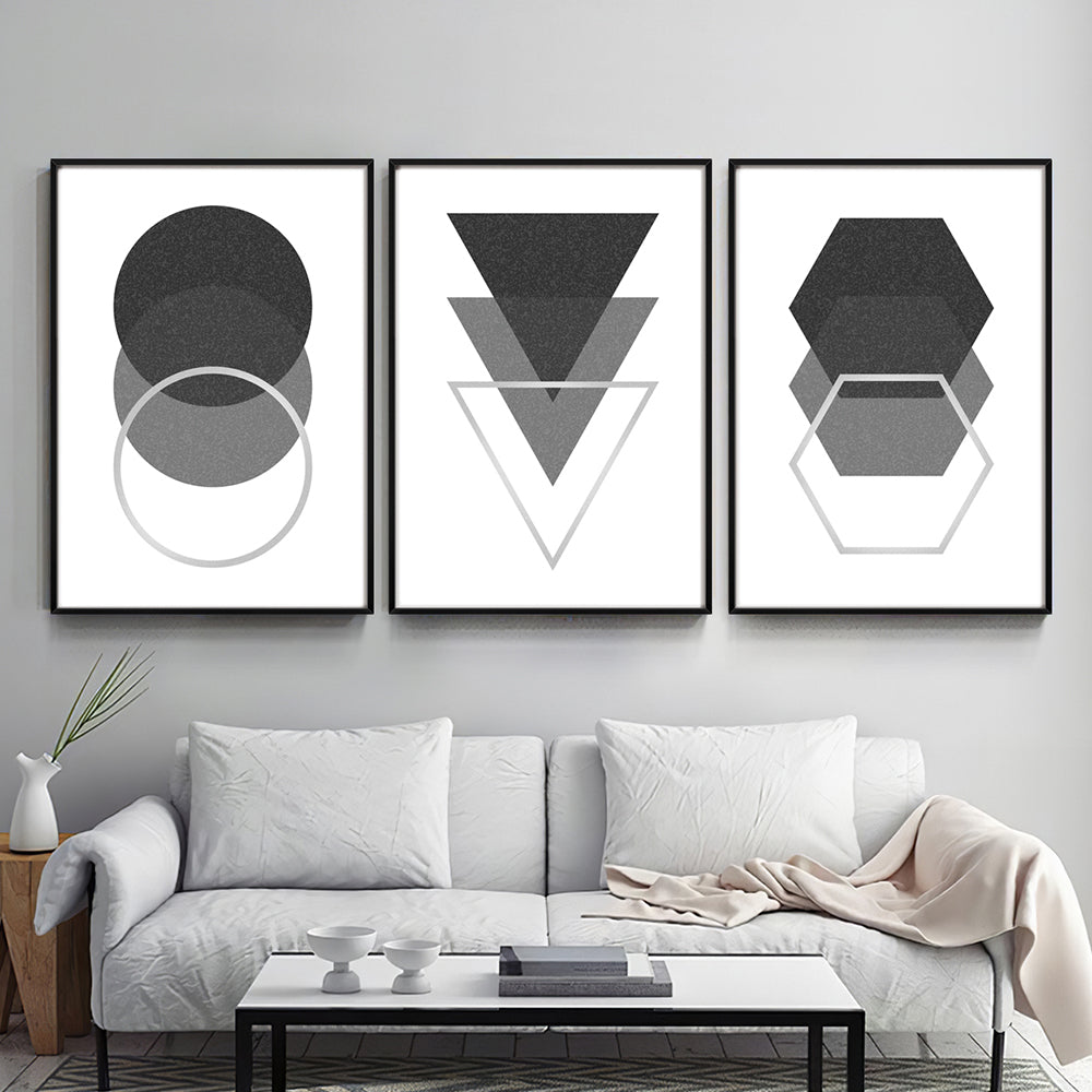 Composição de quadros Trio Abstrato Geométrico Cinza