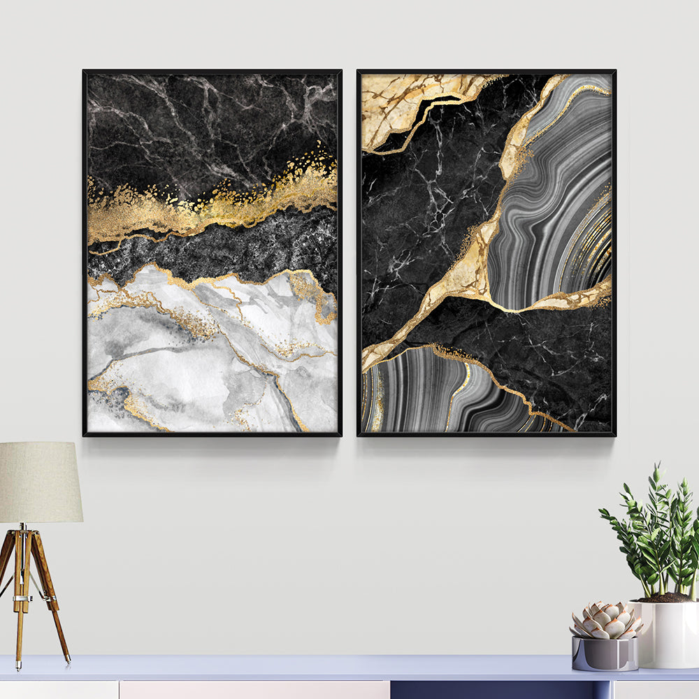 Composição de Quadros Abstrato Preto & Dourado Duo