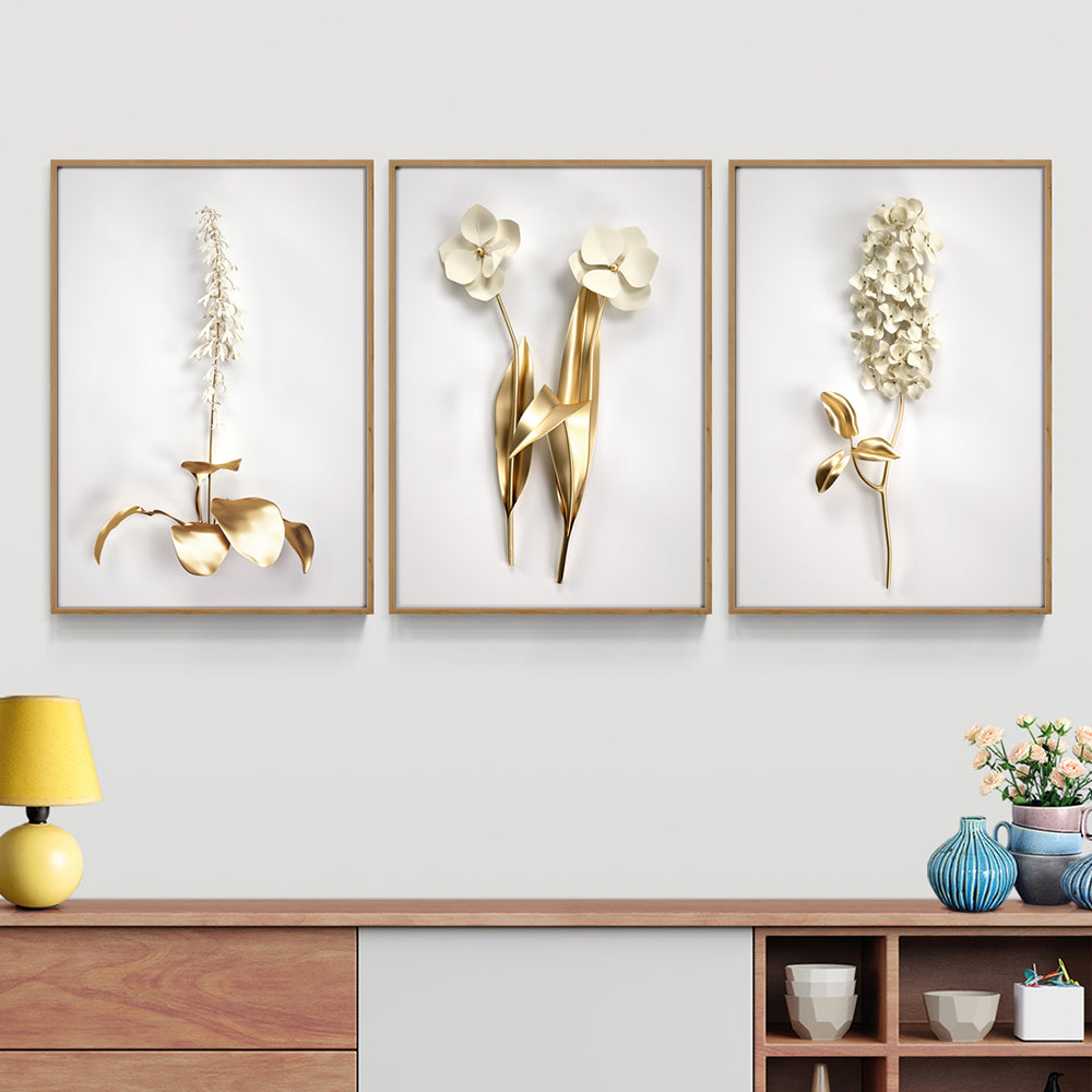 Composição de quadros Trio Floral Dourado e Branco