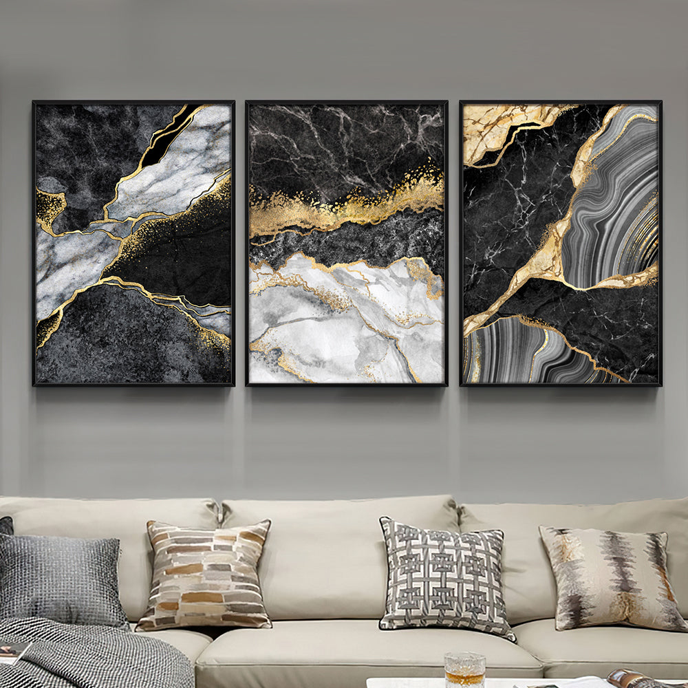 Composição de quadros Mármore Cinza  e Dourado e Preto trio