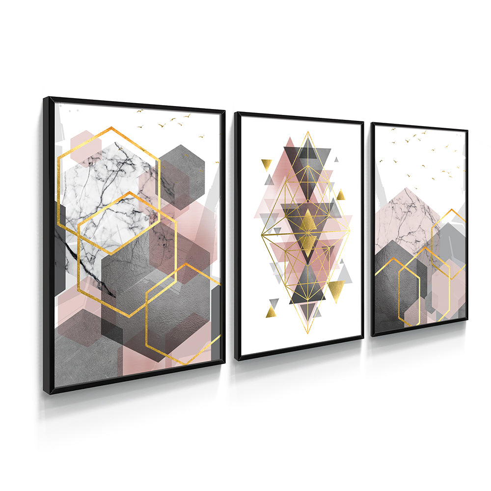 Composição de quadros Trio Geometria Cinza Rosa