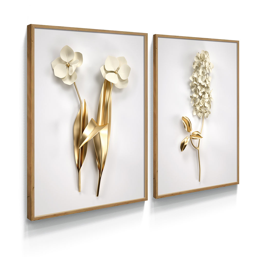 Composição de quadros Duo Branco com Folhas Dourados