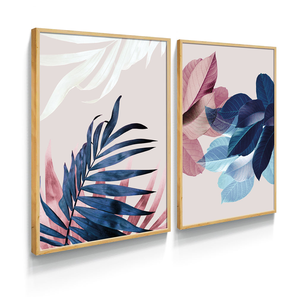 Composição de quadros Botânico Folhagens Azul e Rosa