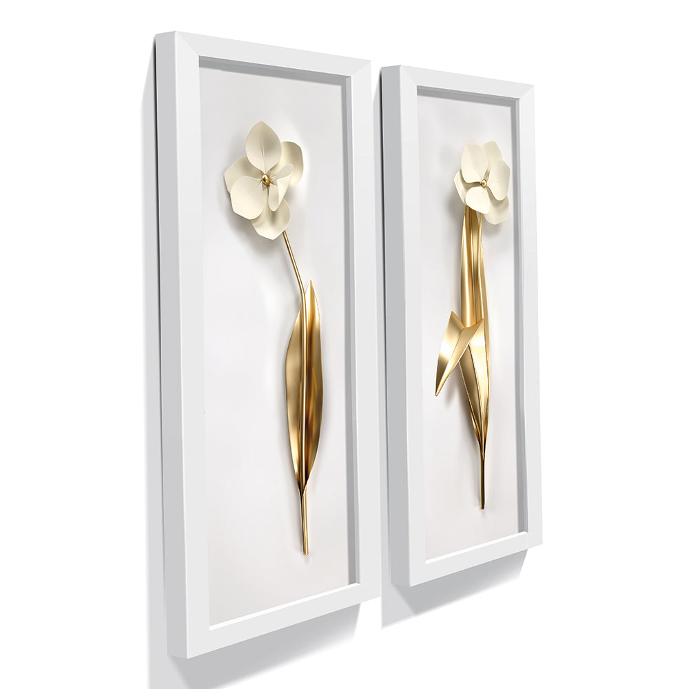 Composição de Quadros Flores Douradas 3D