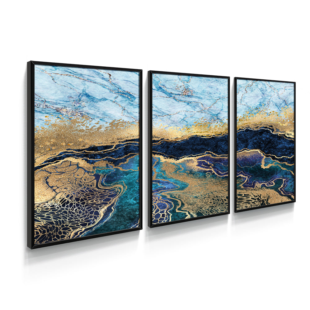 Composição de quadros Trio Abstrato Dourado & Azul
