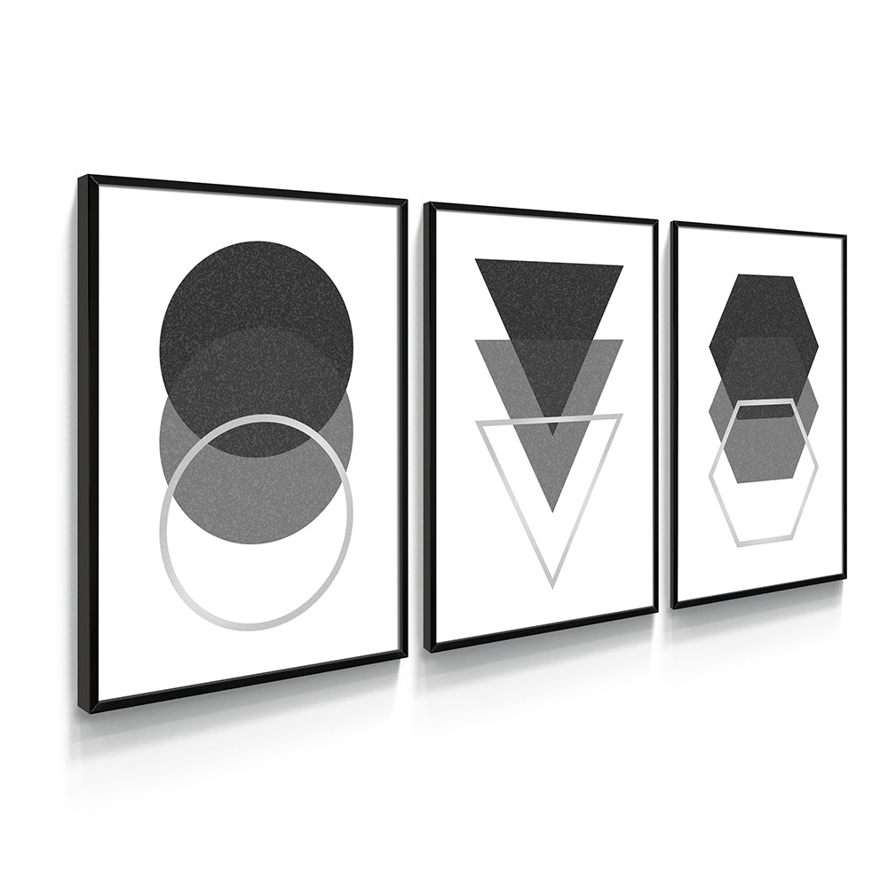 Composição de quadros Trio Abstrato Geométrico Cinza