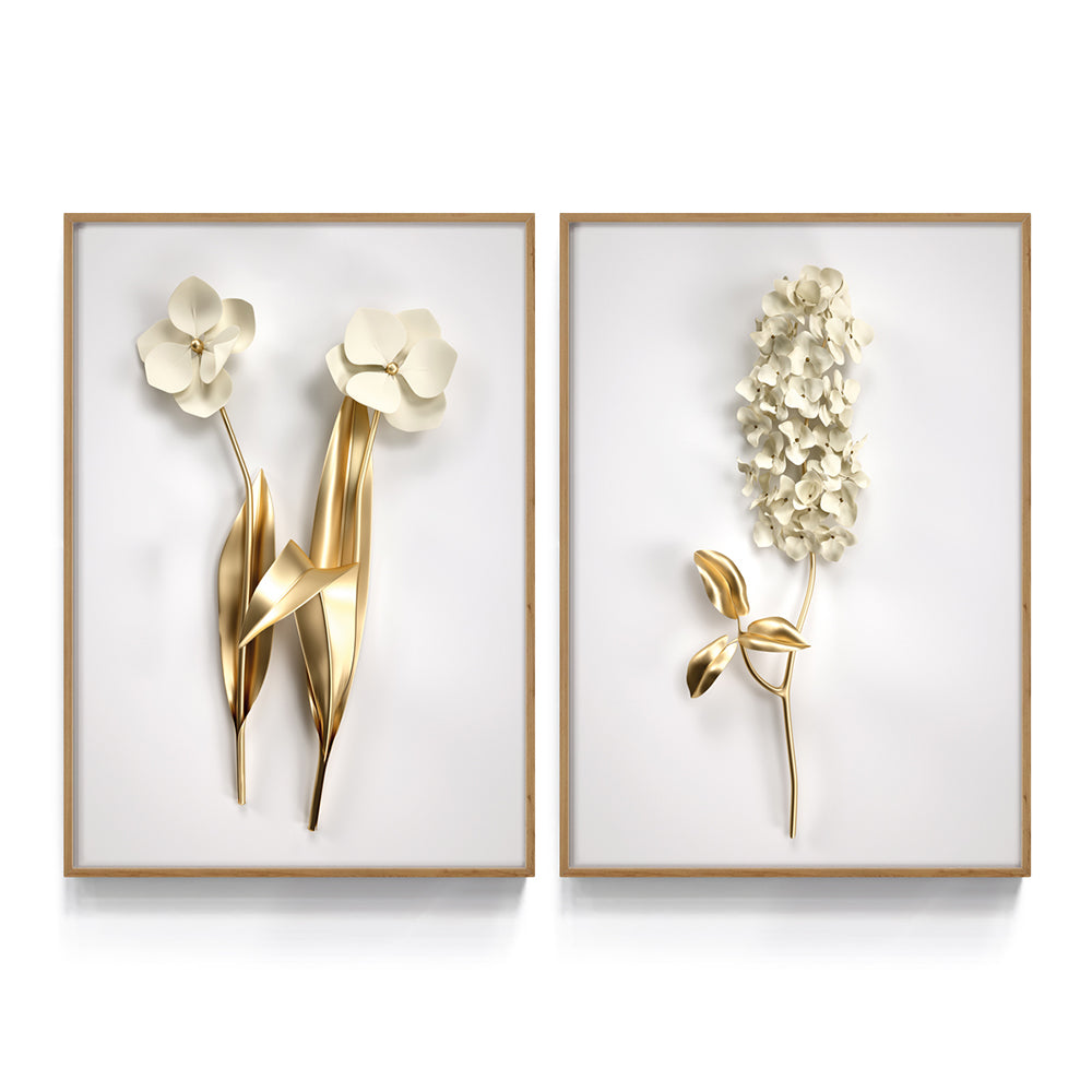 Composição de quadros Duo Branco com Folhas Dourados