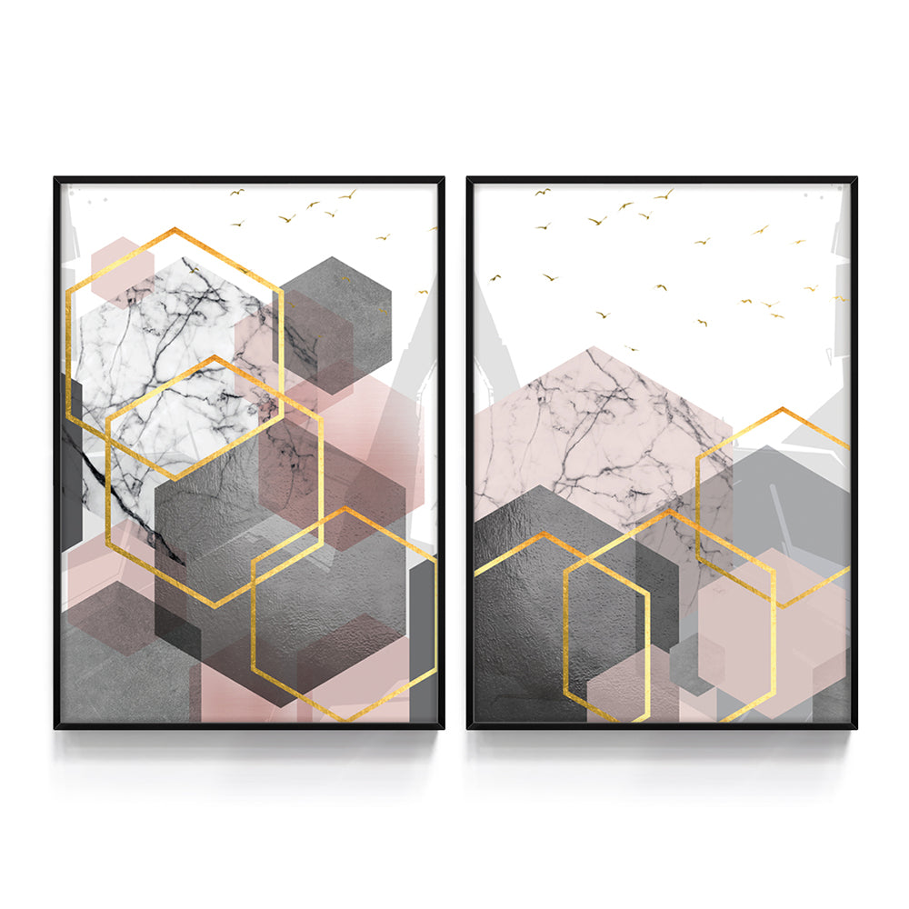 Composição de quadros Duo Geometria Cinza Rosa