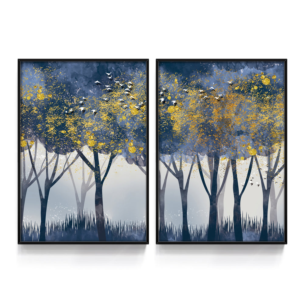 Composição de quadros Duo Floresta Azul & Dourada