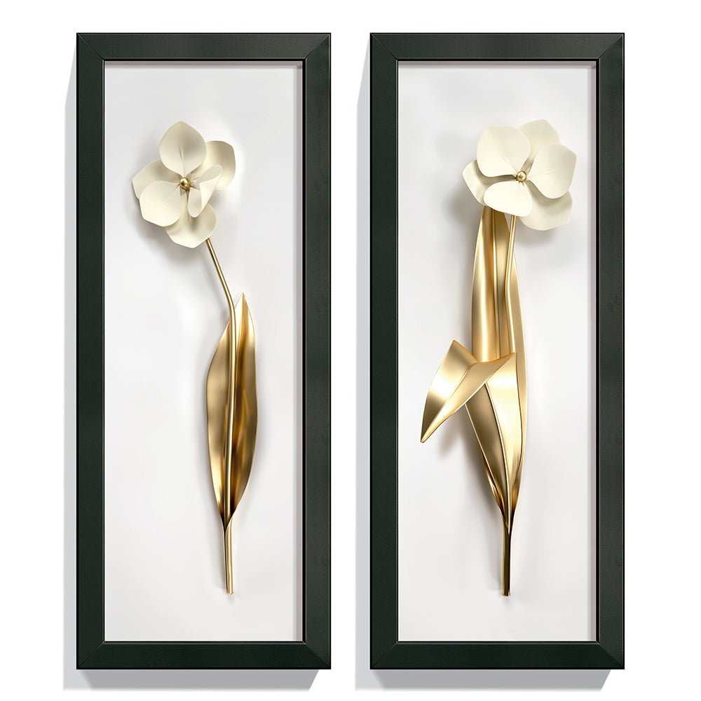 Composição de Quadros Flores Douradas 3D