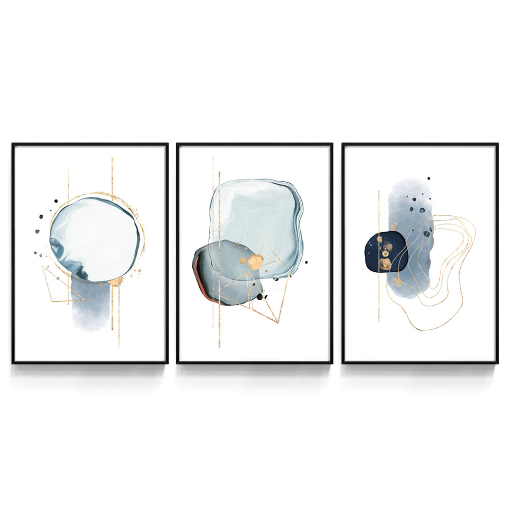 Composição de quadros Abstrato Azul & Dourado Trio