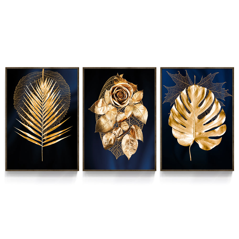 Composição de quadros Trio Folhas em Ouro