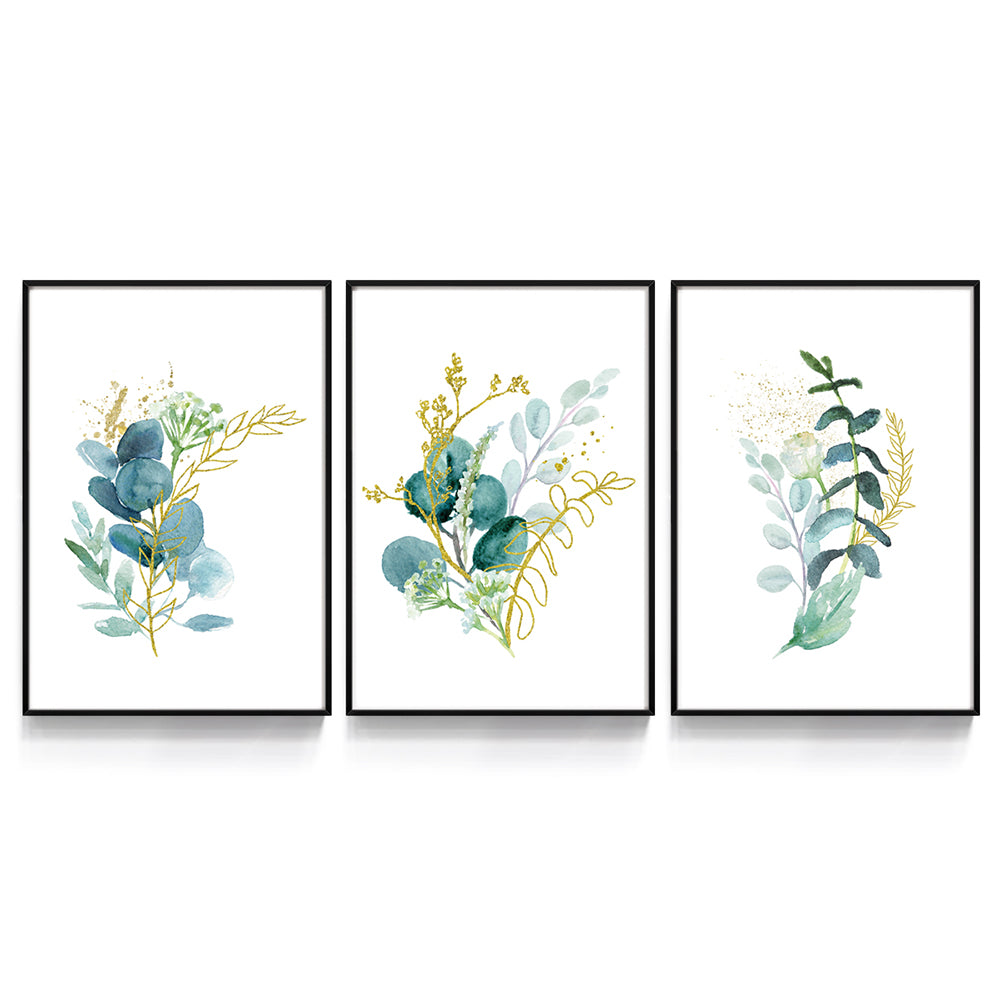 Composição de Quadros Trio Floral Azul