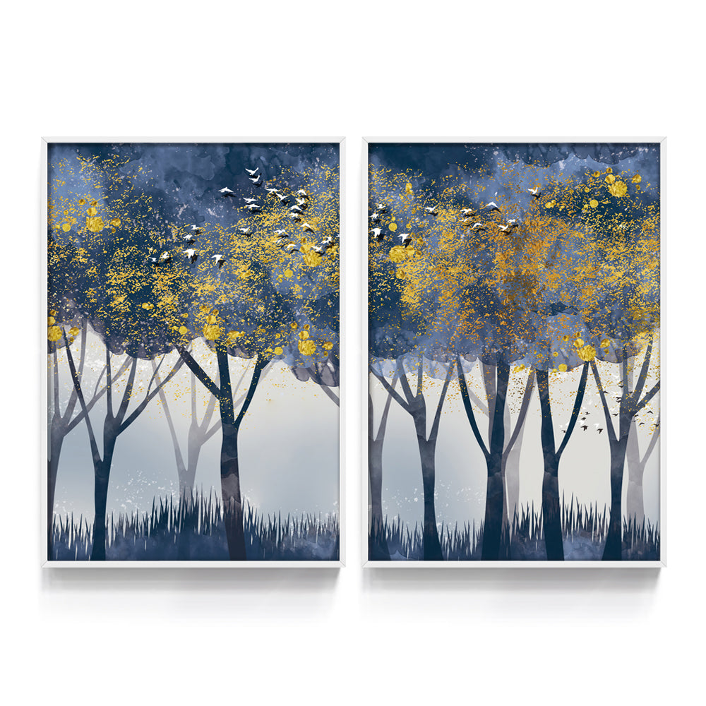 Composição de quadros Duo Floresta Azul & Dourada