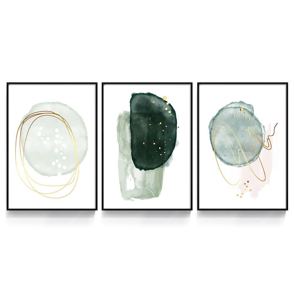 Composição de quadros Abstrato Verde & Dourado Trio
