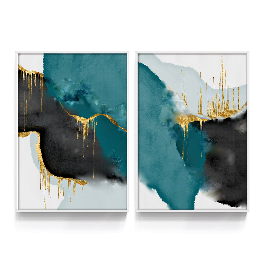 Composição de quadros Abstrato Dourado & Turquesa Duo