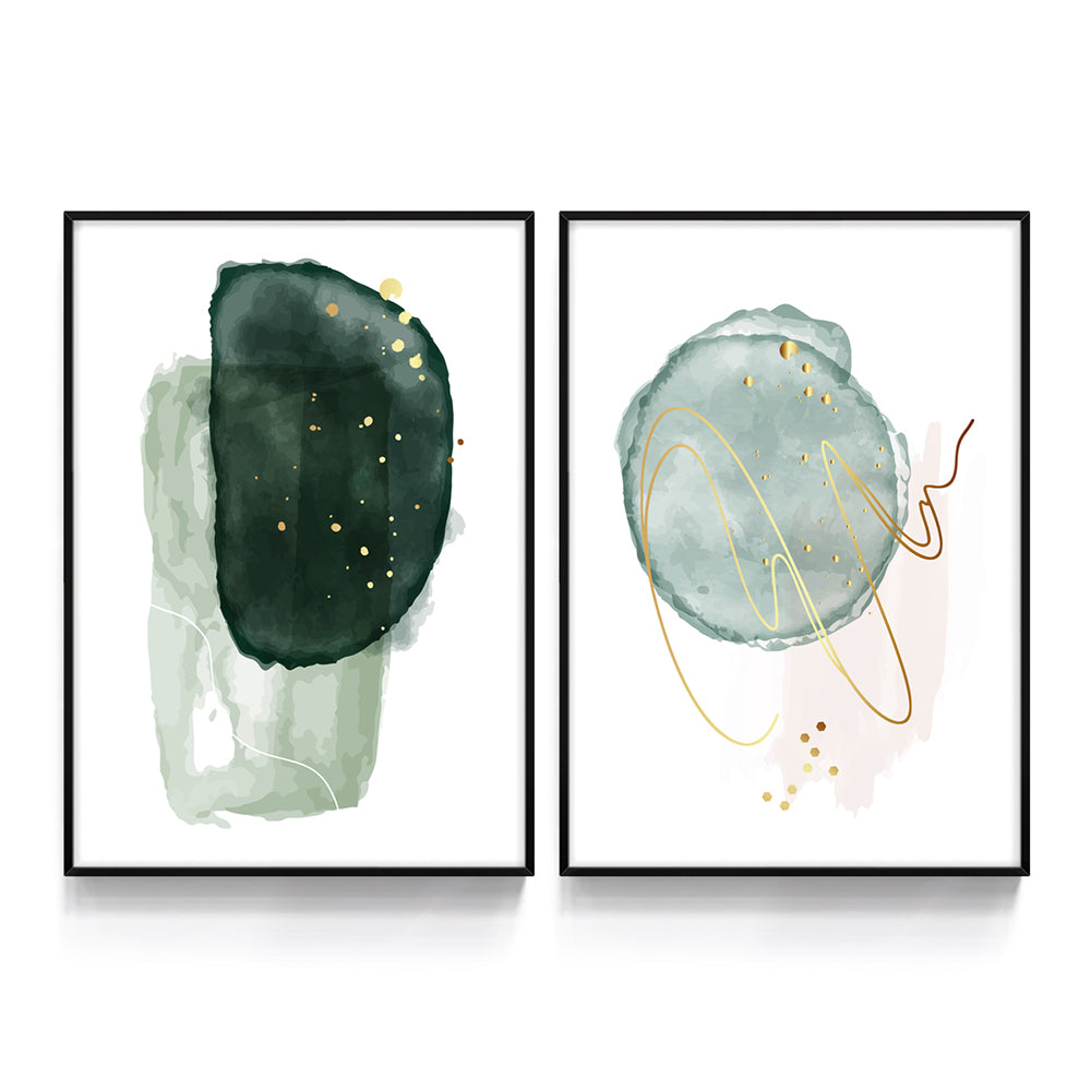 Composição de Quadros Duo Abstrato Verde & Dourado