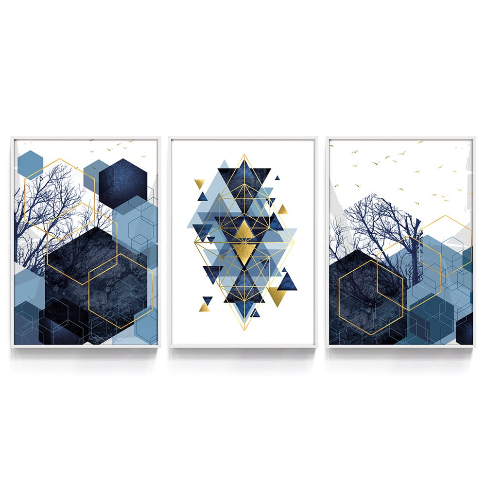 Composição de Quadros Trio Geometria Azul Dourada