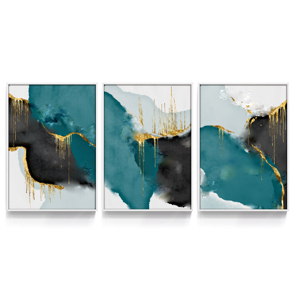 Composição de quadros Abstrato Dourado & Turquesa Trio