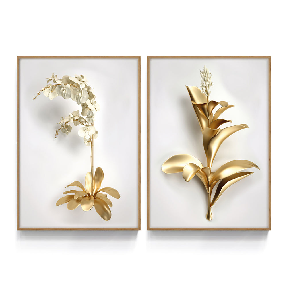 Composição de quadros Floral Duo Dourado e Branco