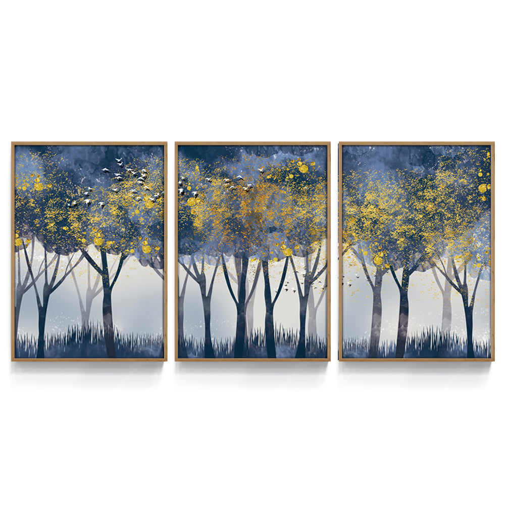 Composição de quadros Trio Floresta Azul & Dourada