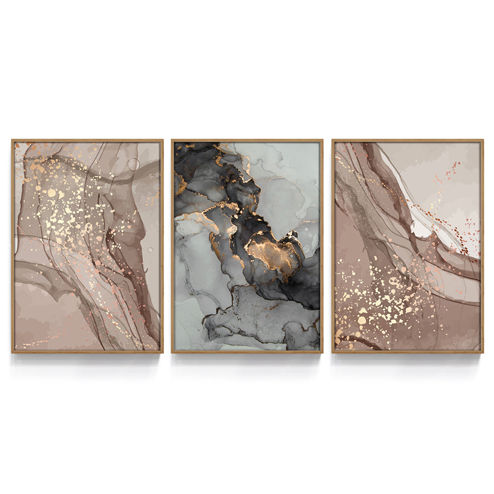 Composição de quadros Abstrato Bege & Dourado Trio