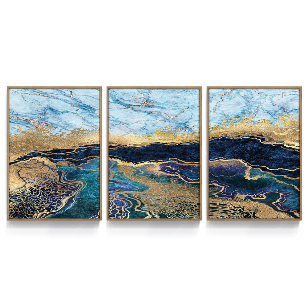 Composição de quadros Trio Abstrato Dourado & Azul