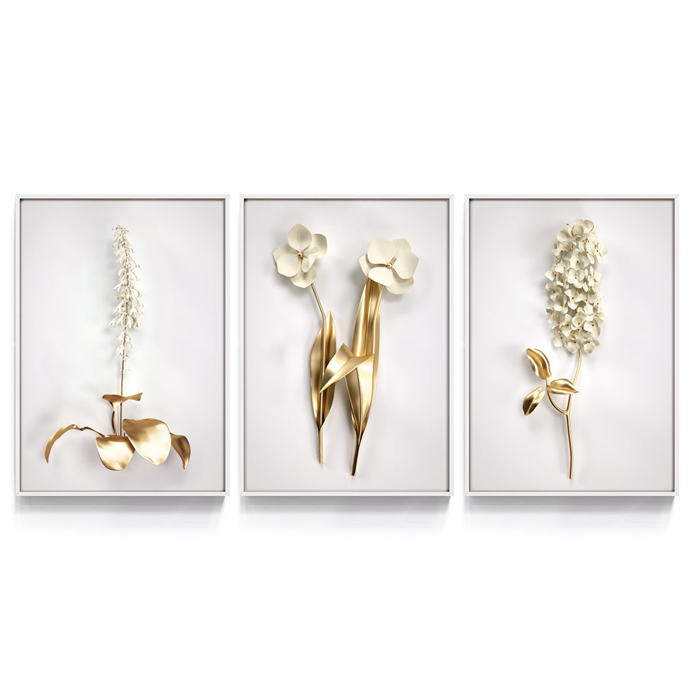 Composição de quadros Trio Floral Dourado e Branco