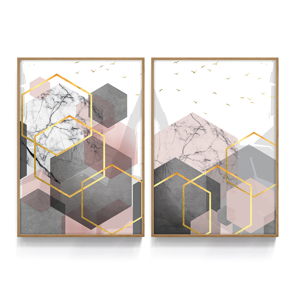 Composição de quadros Duo Geometria Cinza Rosa