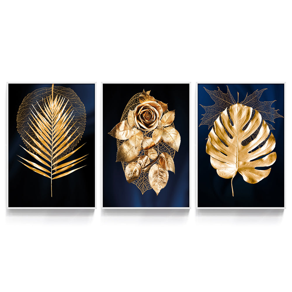 Composição de quadros Trio Folhas em Ouro