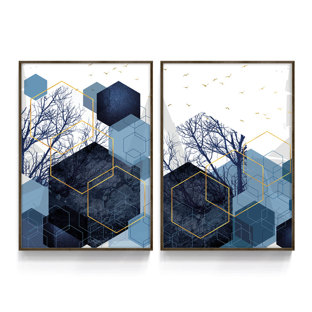 Composição de quadros Duo Geometria Azul Dourada