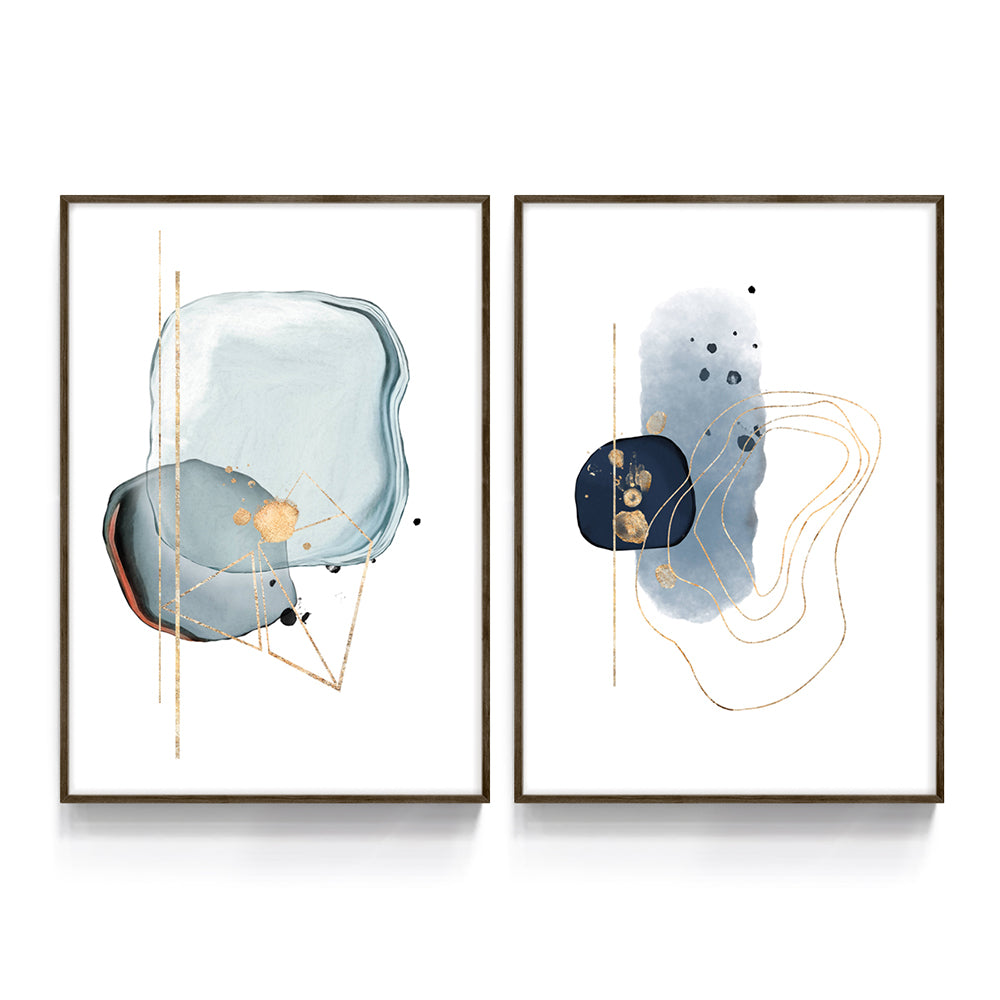Composição de Quadros Duo Abstrato Azul & Dourado