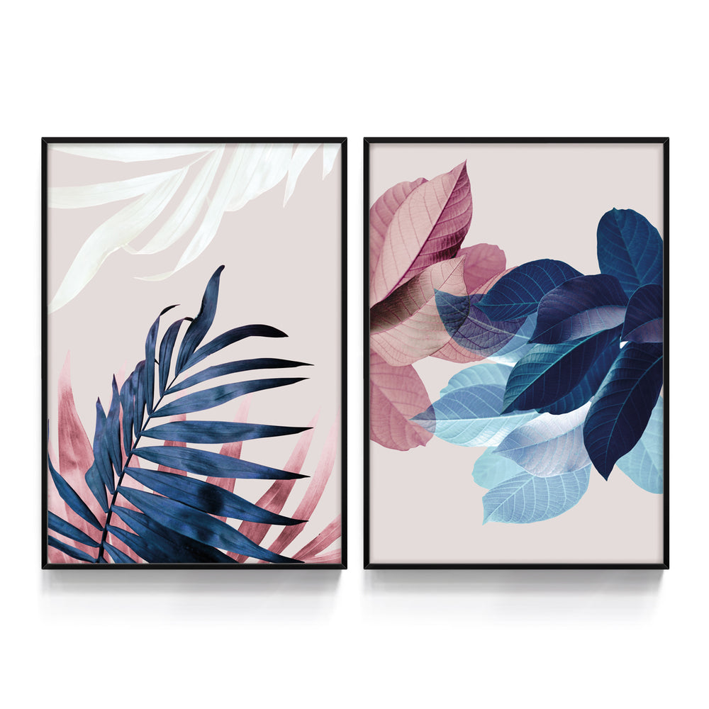 Composição de quadros Folhas Azul & Rosa