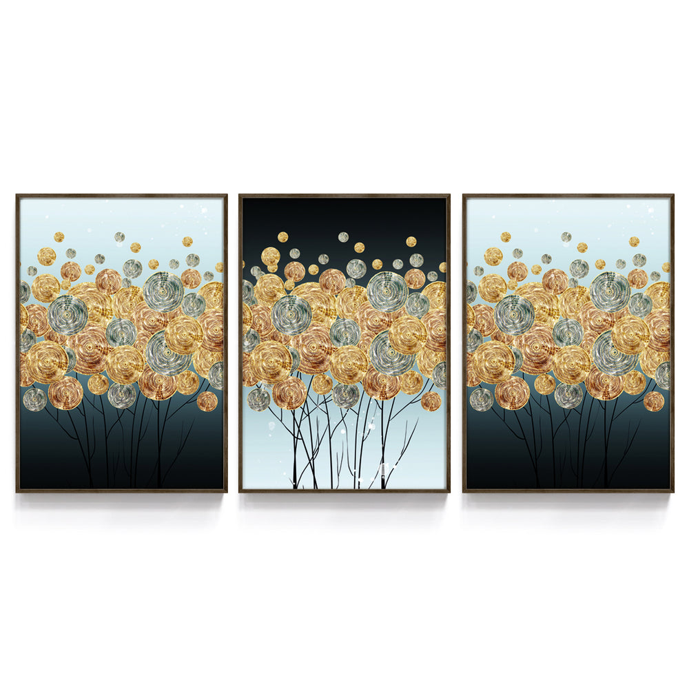 Composição de quadros Abstrato Arbustos Dourados Trio