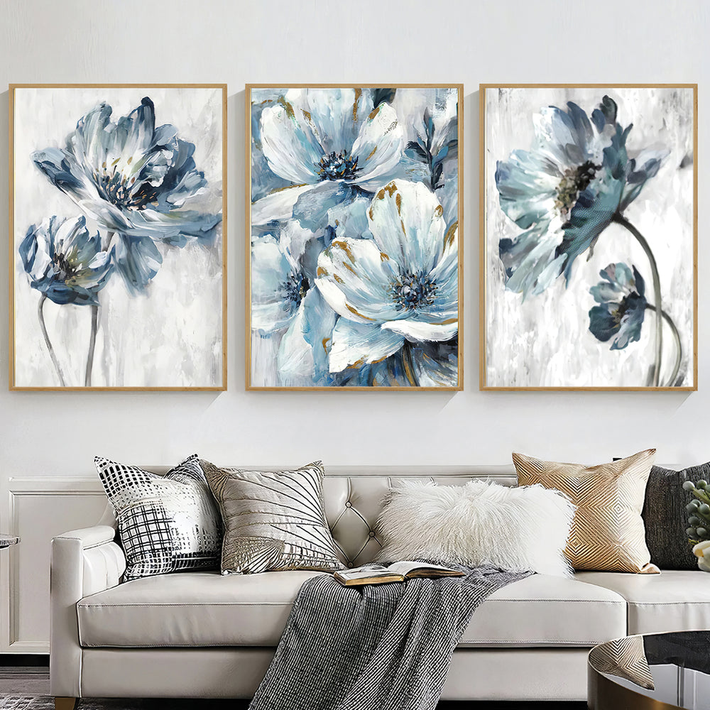 Composição de Quadros trio Floral Mongolia azul