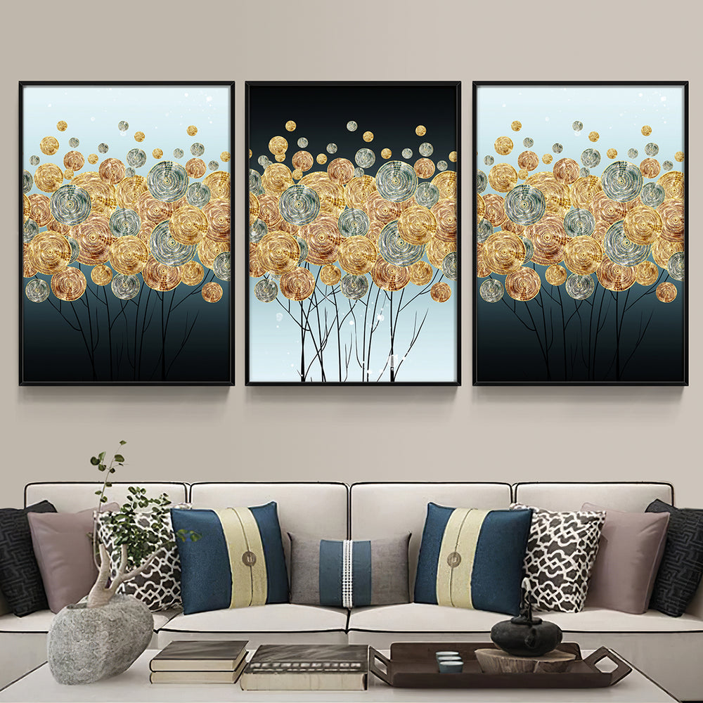 Composição de quadros Abstrato Arbustos Dourados Trio