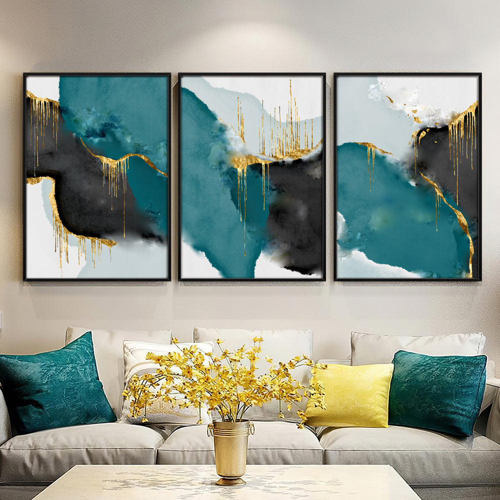 Composição de quadros Abstrato Dourado & Turquesa Trio