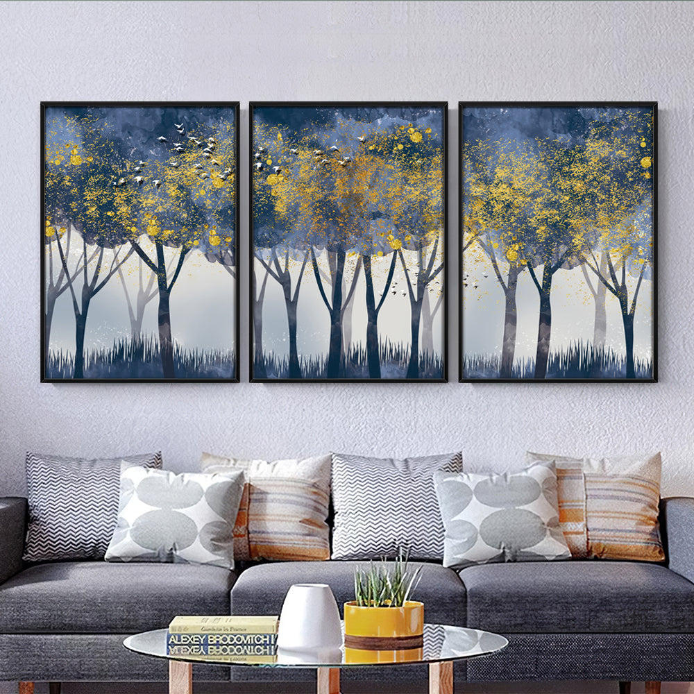 Composição de quadros Trio Floresta Azul & Dourada