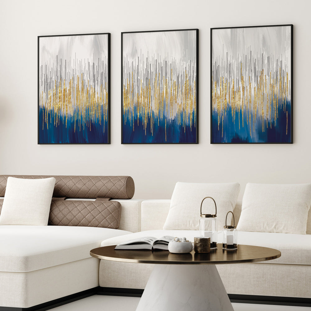 Composição de quadros Abstrato Chuva Dourada Branco & Azul Trio