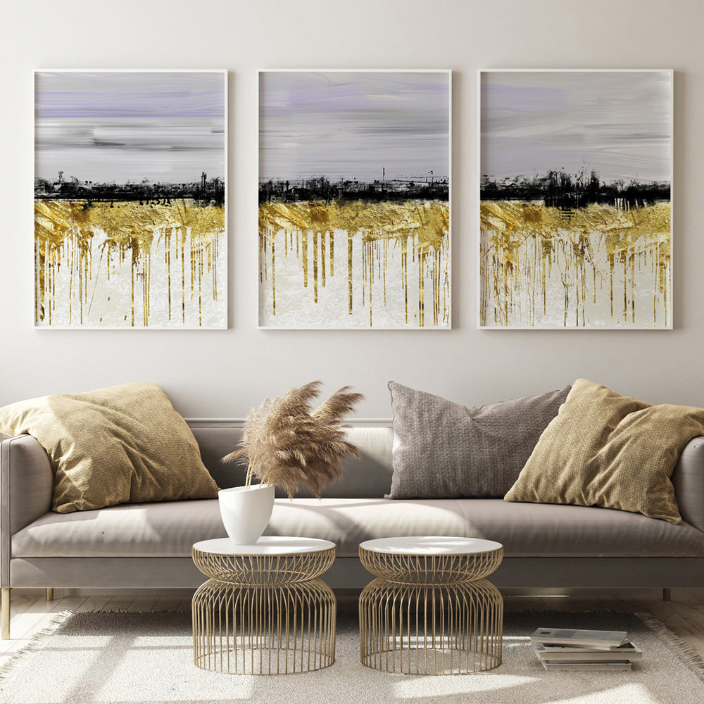 Composição de quadros Abstrato Dourado e Branco Trio