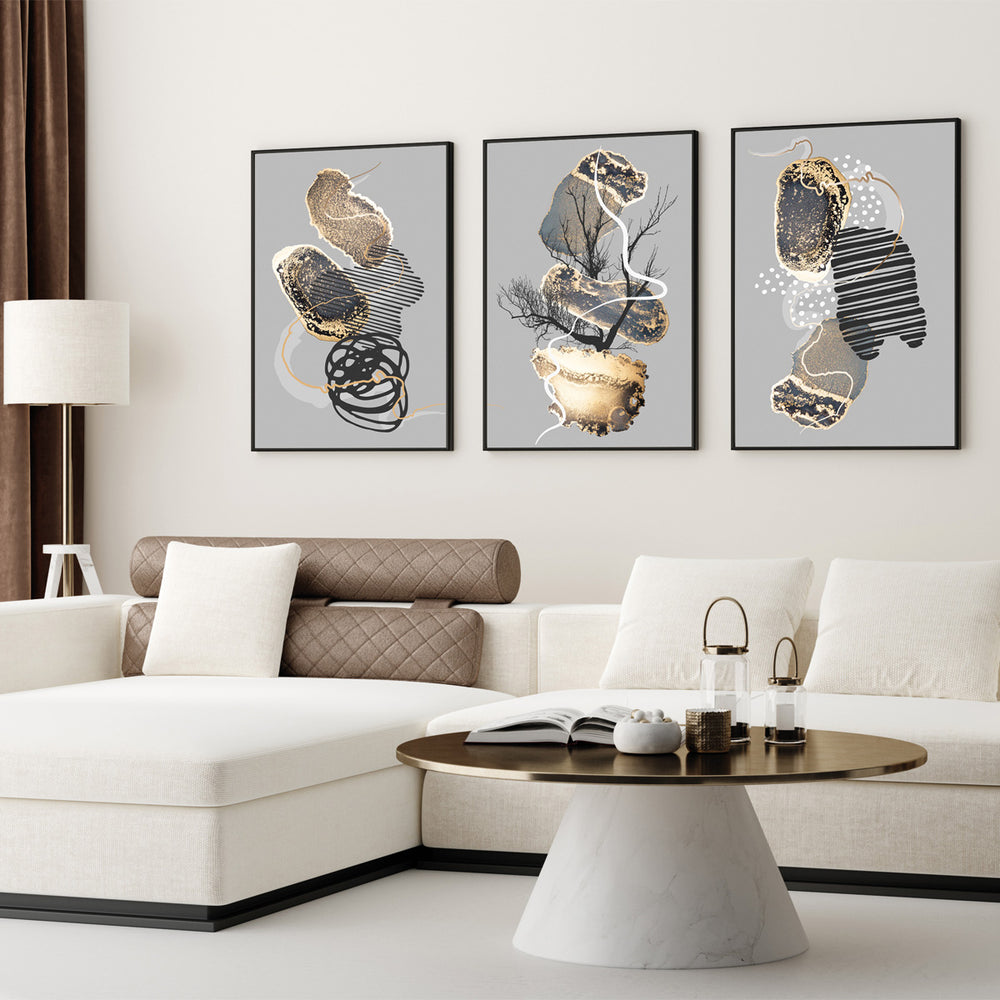 Composição de quadros Curvas Abstratas Cinza & Dourado Trio