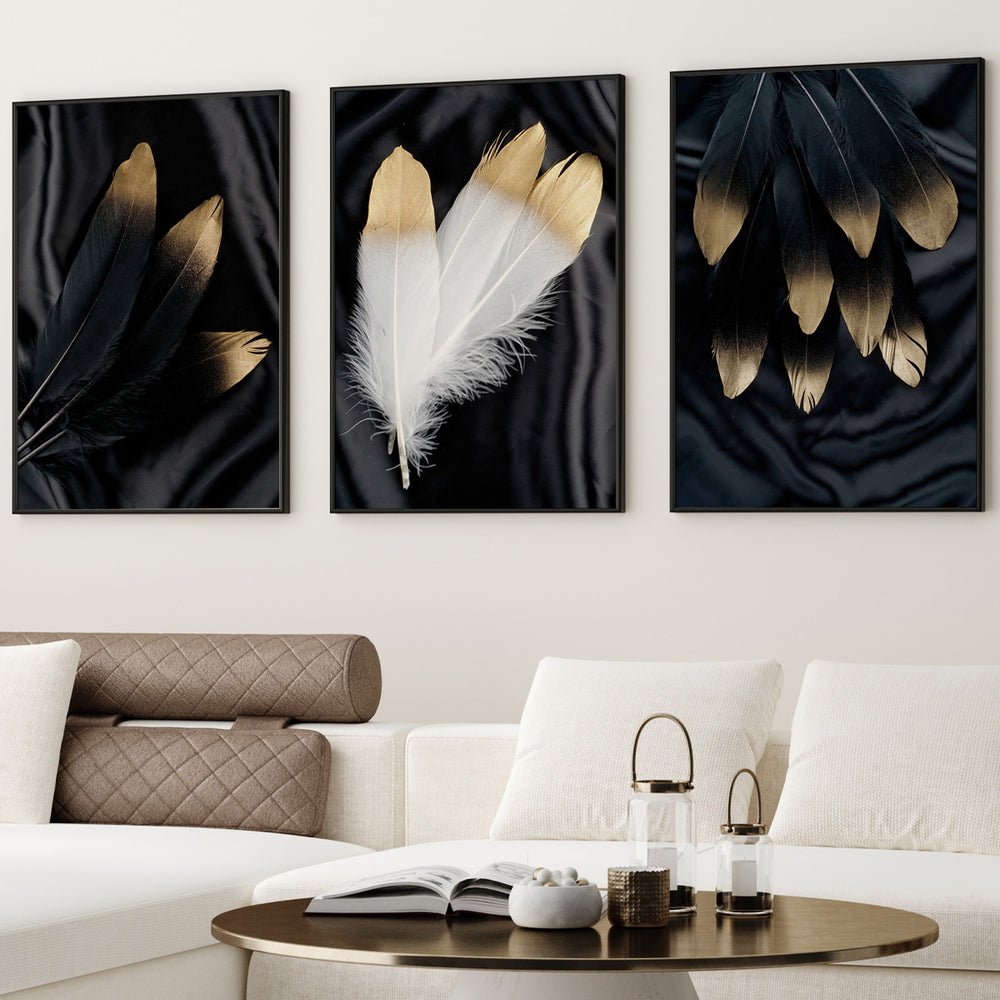 Composição de quadros Trio de Penas Preto, Branco & Dourado