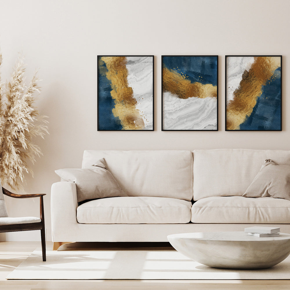 Composição de quadros Abstratos Areia Dourado, Branco & Azul Trio